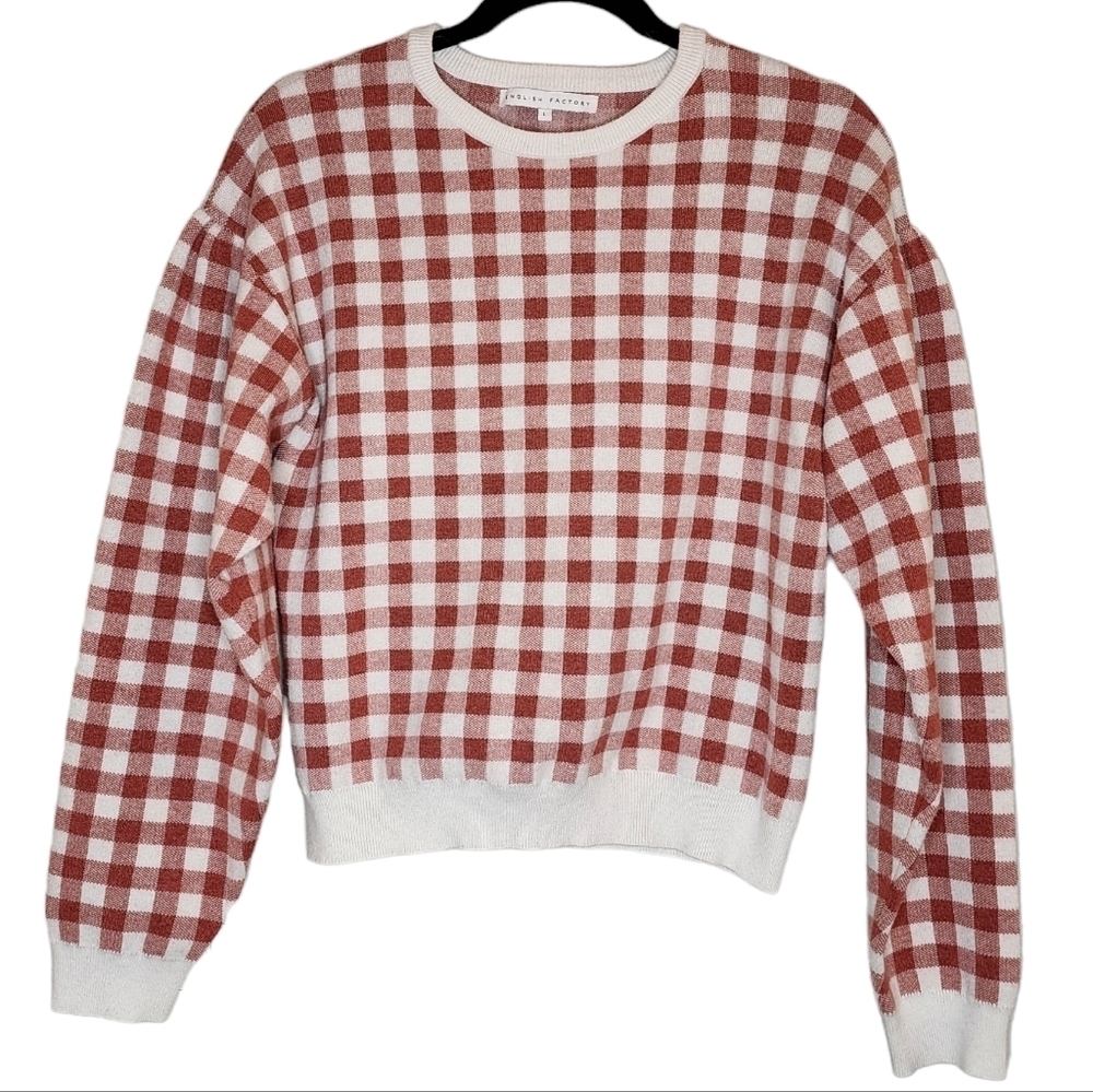English Factory Rabbit Hair Blend Pink Gingham Plaid Puff Sleeve Sweater Large